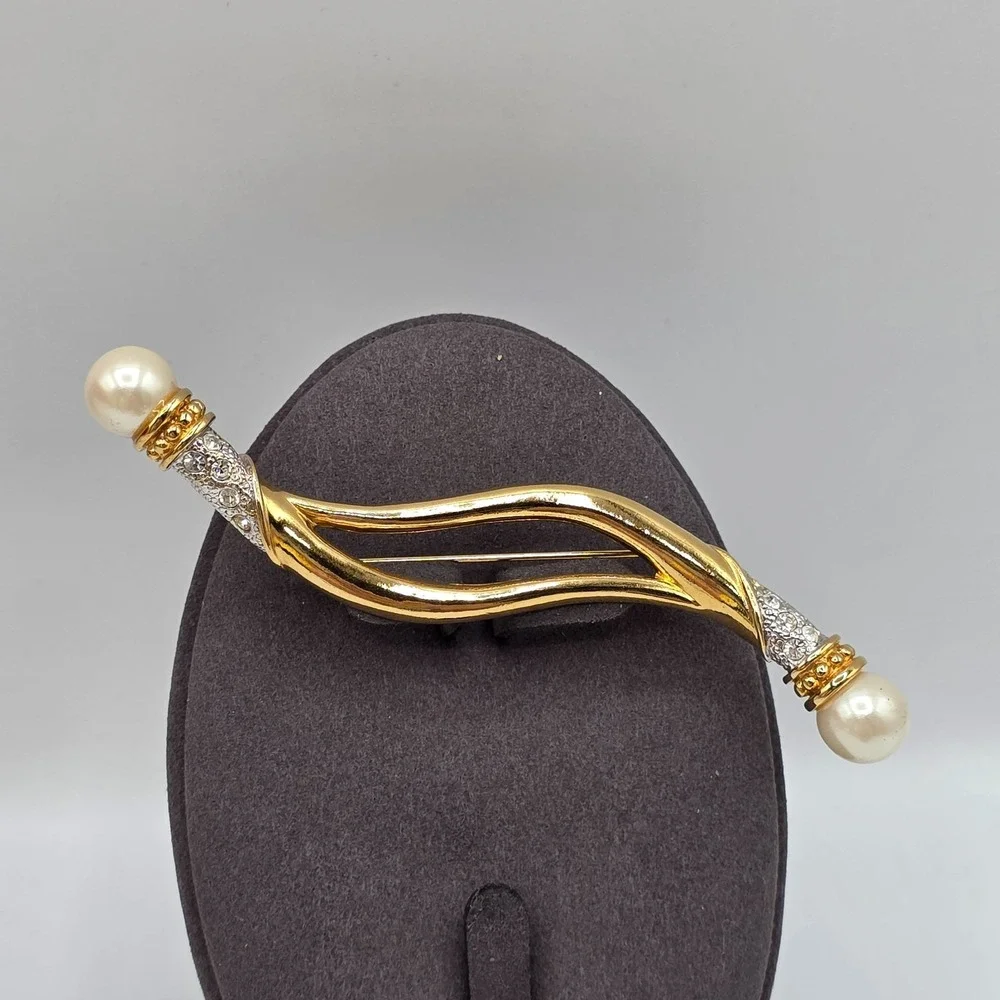 Vintage Avon Womens Gold Tone Leaf Faux Pearl Rhinestone Long Brooch Pin‎ 4